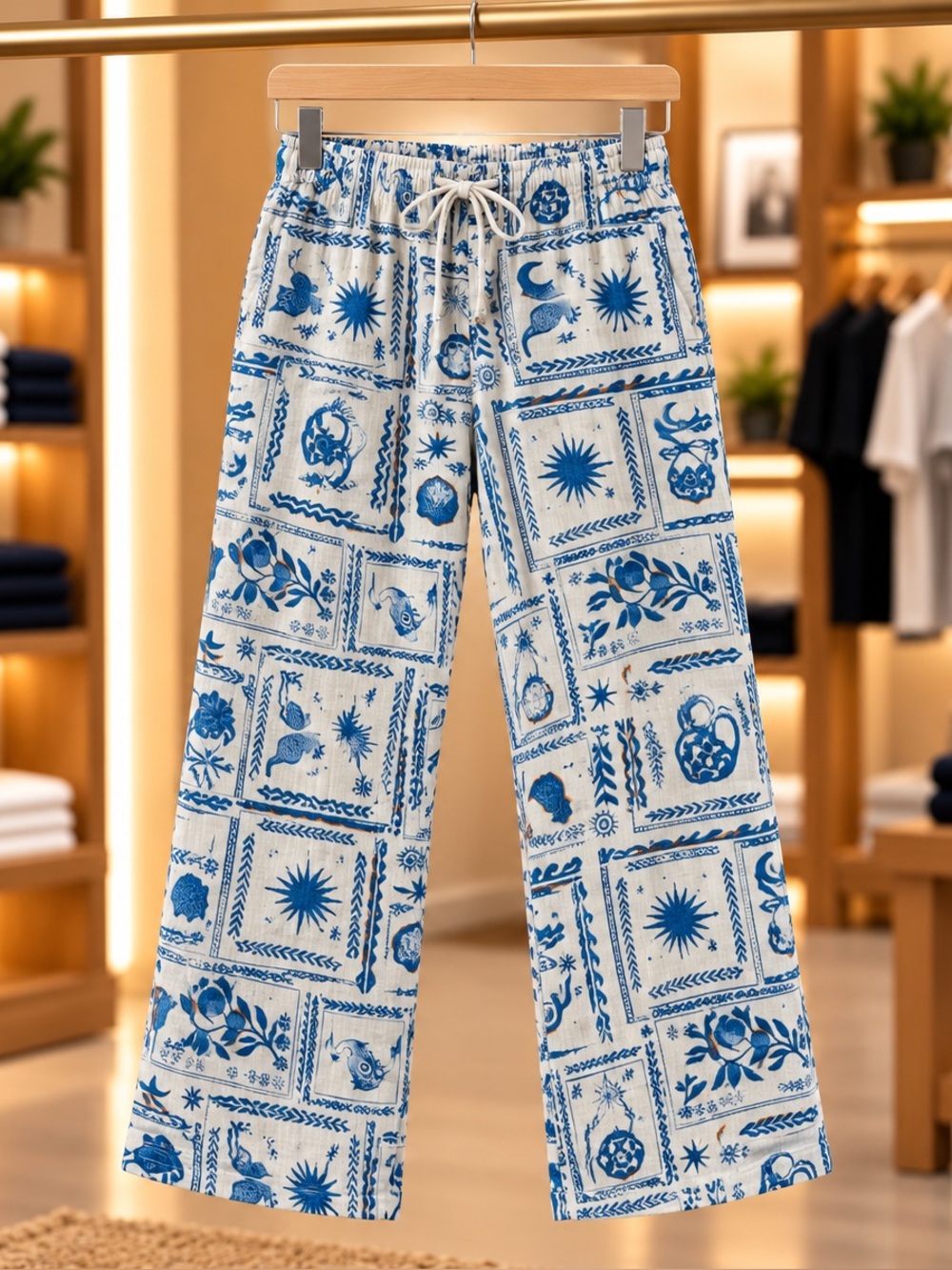 Sincerely Jules Printed Pant in Blue & White Size Medium